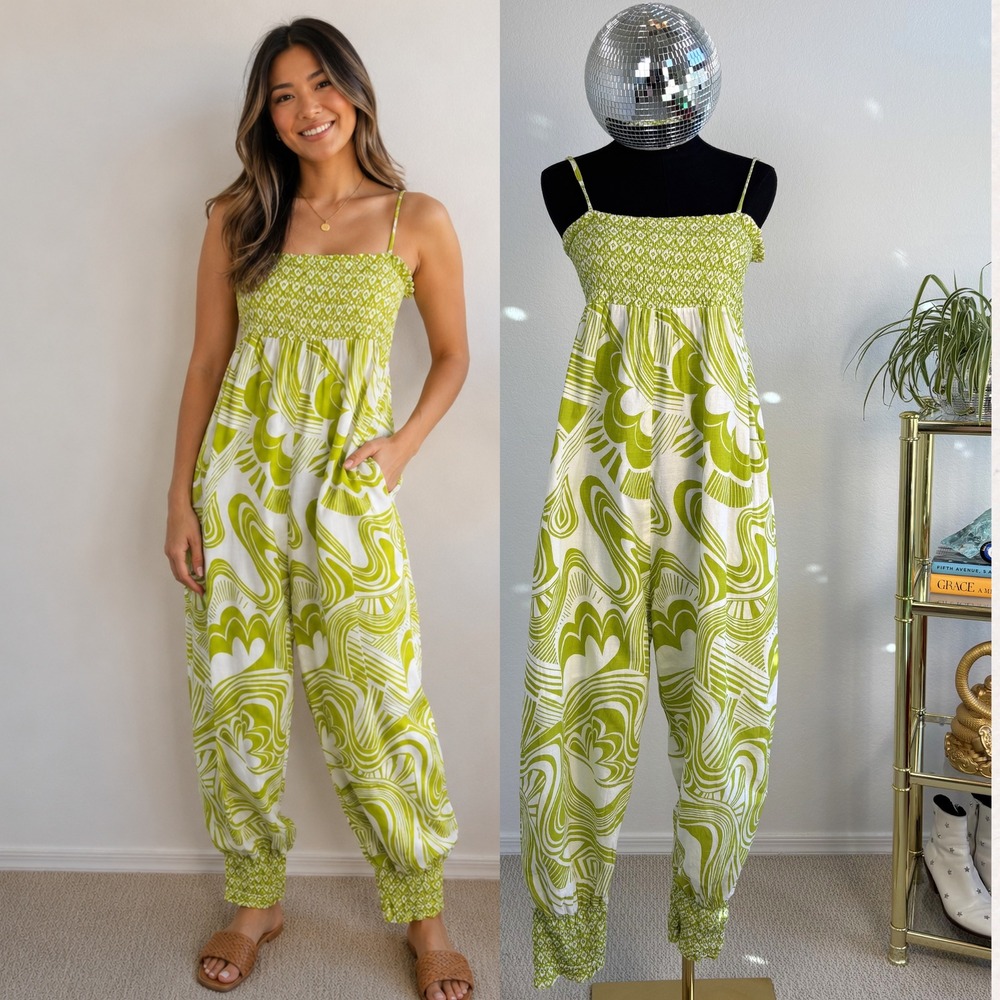 Lime Green Abstract Swirl Jumpsuit | Medium, Boho Smocked Cotton Dopamine Whimsy